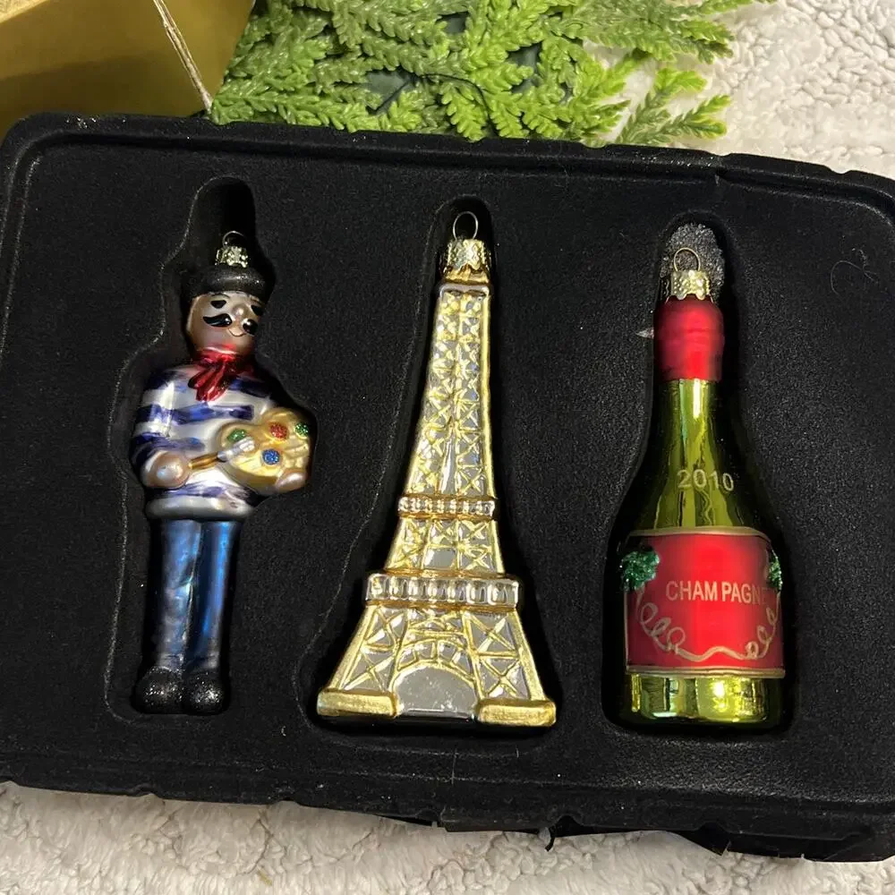 World Market Glass Christmas Ornaments Paris France Eiffel Tower Champagne Art
